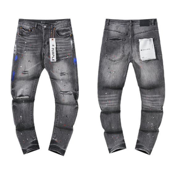 Grey Washed Slim Denim Jeans with Multicolor Paint Splatter and Distressing